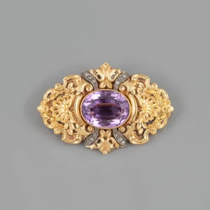 Alfinete em Ouro, Prata, Diamantes e Ametista