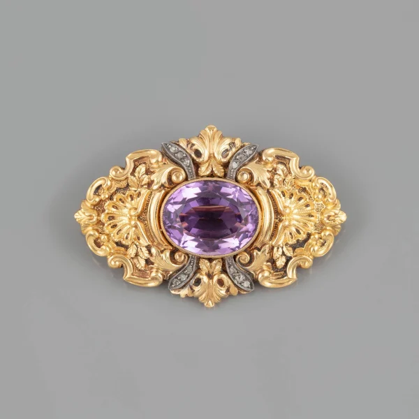 Alfinete em Ouro, Prata, Diamantes e Ametista