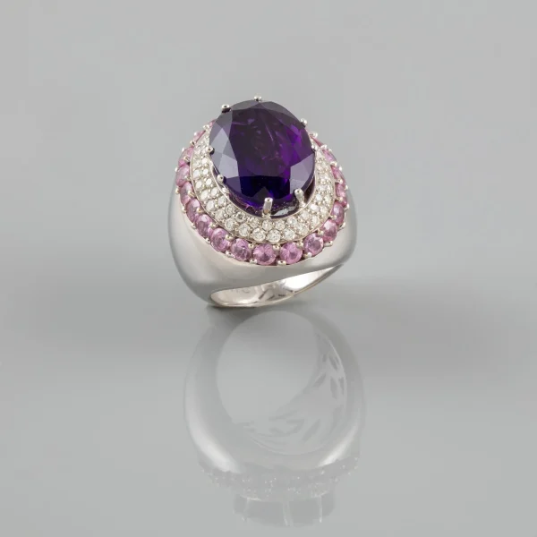 Anel em ouro branco com diamantes, safiras-rosa e quartzo ametista