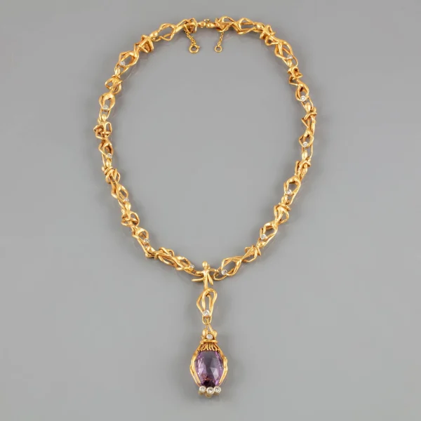 Colar ouro, diamantes, quartzo-ametista