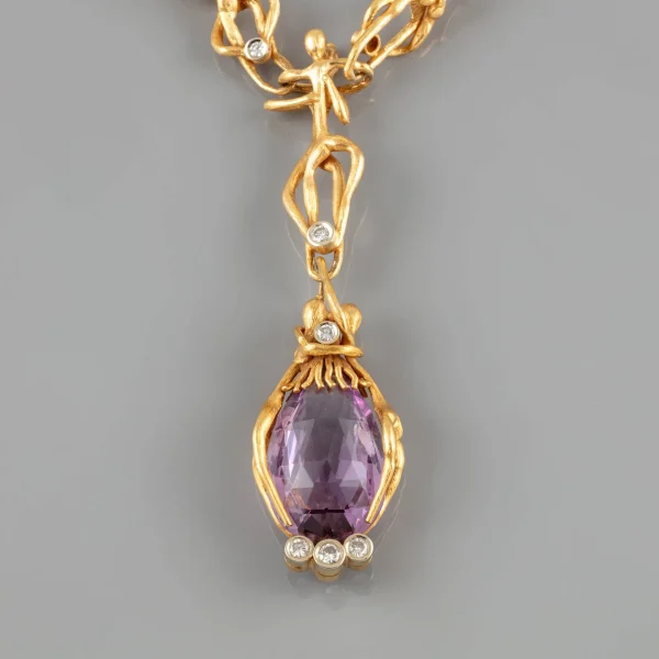 Colar ouro, diamantes, quartzo-ametista